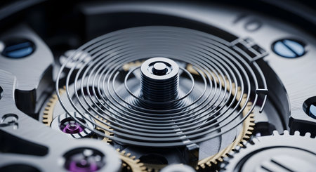 An extreme macro photograph showing the intricate internal mechanism of a luxury mechanical watch. The focus is on the balance spring and gears, revealing the complexity and precision of horology. The image represents time, engineering, craftsmanship, and the inner workings of complex machinery.の素材