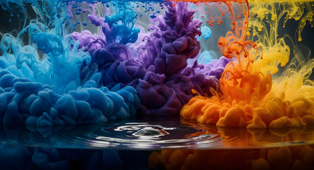 A vibrant and dynamic abstract photograph of colorful ink (blue, purple, orange, and yellow) being dropped into water. The ink forms voluminous, billowing clouds and plumes, mixing and swirling, with clear reflections on the water's surface below.の素材