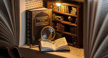 A whimsical and detailed miniature library, or 'book nook', set between two large, open books. The diorama features a tiny bookshelf filled with books, a miniature open book, and a small magnifying glass, all under a warm light. One tiny book is titled 'Whispers of the Miniature'.の素材