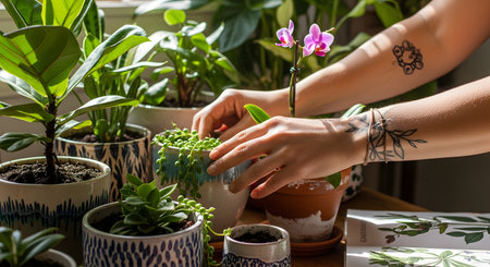 A person with tattooed arms gently tends to a collection of lush green houseplants, including a string of pearls, in a beautifully sunlit room. This scene represents the hobby of indoor gardening, wellness, and creating an urban jungle.の素材
