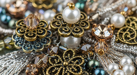 A macro, close-up shot of a tangled pile of vintage costume jewelry. The image features ornate metal pieces in gold and bronze tones, sparkling crystals, white pearls, and various beads. The intricate details and textures create a sense of abundance and antique charm.の素材