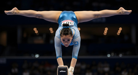 A focused female gymnast demonstrates incredible strength and flexibility performing a split handstand on the balance beam. She wears a sparkling blue leotard with the number 301, perfectly balancing upside down with her legs in a full straddle split. The image captures a moment of intense concentration and athleticism during a gymnastics competition.の素材