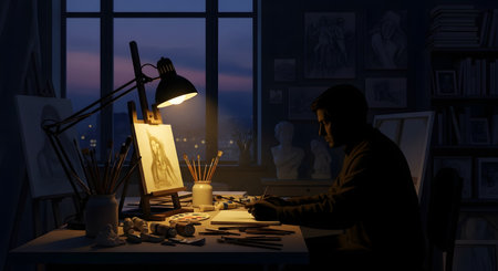 A male artist works late into the night in a dark studio, illuminated by a single desk lamp. He is drawing or painting at his desk, which is covered with brushes, paints, and reference sketches, conveying dedication, creativity, and focus.の素材