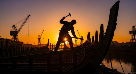 A dramatic silhouette of a craftsman, possibly a shipwright or carpenter, standing on the large wooden frame of a ship under construction. He is actively working with two hammers at sunset or sunrise, with the bright sun flaring behind him. In the background, the silhouettes of shipyard cranes and a body of water are visible, evoking themes of manual labor, industry, and traditional craftsmanship.の素材