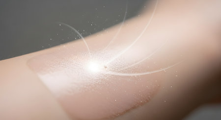 A macro shot of a transdermal patch applied to a person's skin,possibly on the arm. A glowing light effect with particles and swirls emanates from the patch,conceptually representing pain relief,healing,or advanced medication delivery.の素材