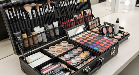 An open professional makeup artist's train case sitting on a white vanity table. The kit is neatly organized and packed with a wide array of cosmetics, including various brushes, foundation bottles, colorful eyeshadow palettes, glitter pots, and lipsticks. This setup is typical for a beauty salon, fashion show, or professional beautician.の素材
