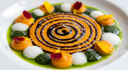 A close-up of a beautifully plated gourmet dish on a white plate. It features a spiral of orange puree with a dark balsamic glaze, artistically surrounded by dollops of green puree, white foam, and edible flower petals.の素材