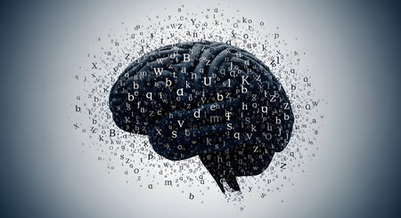 A conceptual image of a human brain shown in profile, formed by a dense cluster of letters of the alphabet. Smaller letters dissipate outwards from the main shape, symbolizing language, knowledge, dyslexia, or information overload. The background is a simple grey vignette.の素材