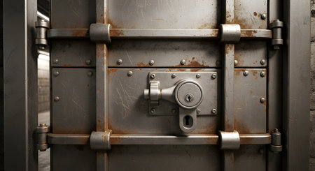 A close-up of a heavy, industrial-style metal door, possibly a bank vault or safe. The door is reinforced with thick bars and rivets, shows signs of rust and age, and features a robust locking mechanism, conveying concepts of security, strength, and protection.の素材