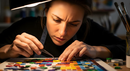 A close-up, low-light shot of a woman intensely focused on her craft. She is illuminated by an overhead desk lamp, frowning in concentration as she uses a pair of tweezers to meticulously place a small yellow tile onto a colorful mosaic artwork. This image captures themes of precision, patience, creativity, and detailed craftsmanship.の素材