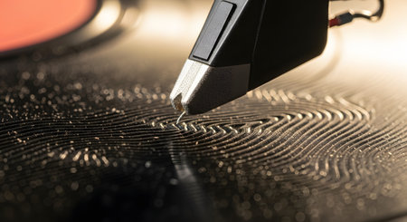 A dramatic macro shot shows a turntable stylus, or needle, resting in the groove of a vinyl record. The record's surface, which has an unusual wavy pattern, is visibly covered in dust particles. This image captures the analog, vintage nature of vinyl, highlighting themes of music, nostalgia, and audiophile culture.の素材