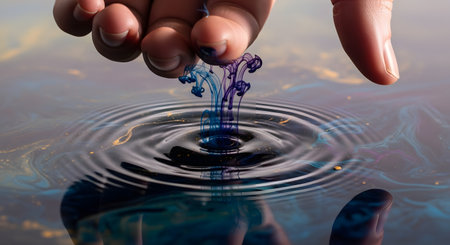 A close-up,abstract image of fingers just above a dark water surface,dropping blue and purple ink. The ink swirls as it hits the water,creating concentric ripples and mixing with gold pigments already in the liquid.の素材