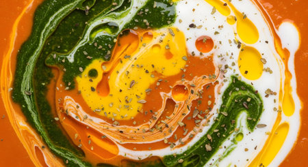 An overhead macro shot of a vibrant soup, likely tomato or pumpkin, swirled with green pesto, white cream, and yellow olive oil. The colorful surface is sprinkled with dried herbs, creating an appetizing food abstract.の素材