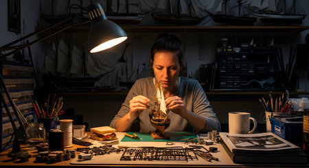 A woman sits at a cluttered workbench under a desk lamp, intensely focused on assembling a detailed model of a historic tall ship. Her workspace is filled with tools, paints, and parts, showcasing her passion for the meticulous hobby.の素材