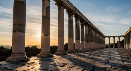 A long colonnade of ancient Greek or Roman ruins at sunrise or sunset. The sun flares brightly between two large,weathered columns,casting long shadows across the stone paver floor. The repeating columns create a strong sense of perspective and history.の素材