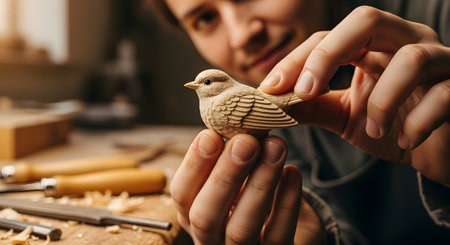 A close-up shot of a woodcarver's hands holding a small,intricately carved wooden bird. The carver is out of focus in the background,and carving tools and wood chips are visible on the workbench. This image represents craftsmanship,hobby,and traditional art.の素材