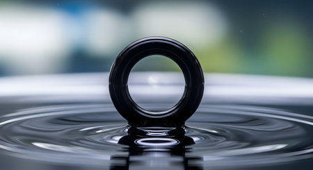 A black ring stands in the center of calm water, creating subtle concentric ripples that spread outwards. The minimalist and abstract macro shot uses a shallow depth of field, creating a serene and contemplative mood.の素材