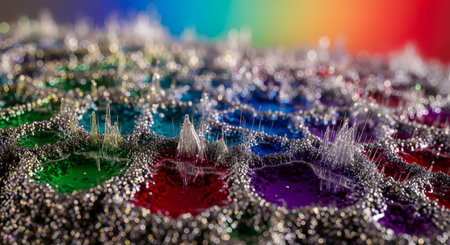 A vibrant, abstract macro photograph of a textured surface with hexagonal pools of colorful liquid, including green, red, blue, and purple. The pools are bordered by metallic, silver-like beads, and crystalline structures emerge from the surface. The background is a soft-focus rainbow gradient, creating a fantastical, scientific, or high-tech feel.の素材