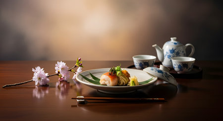 An elegant Japanese meal featuring soba noodles and prawn, beautifully presented on a ceramic plate with a banana leaf. A traditional teapot, cups, chopsticks, and a branch of cherry blossoms complete the serene still life on a dark wooden table.の素材
