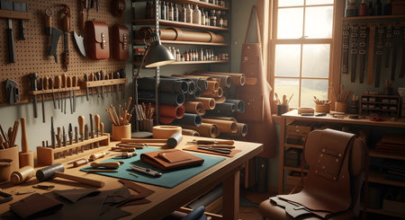 A well-organized leatherworking workshop with a wooden workbench in the foreground. The bench holds crafting tools, a cutting mat, and a leather wallet in progress, while the background features a pegboard, shelves with leather rolls, and an apron.の素材
