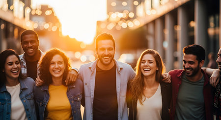 A diverse group of happy young friends walking with their arms around each other on a city street at sunset. They are all laughing and looking at the camera, conveying joy, friendship, and unity. The warm, golden sunlight creates a beautiful lens flare and bokeh effect.の素材