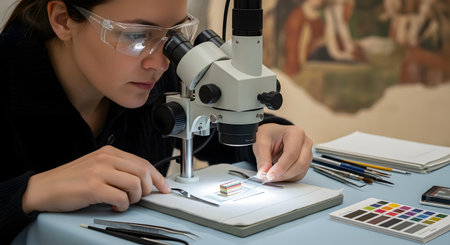 A female scientist or art conservator wearing safety glasses carefully examines a small sample under a stereo microscope. With tools like tweezers and a color chart on her desk, she works with intense focus, likely analyzing pigment from a historical artwork.の素材