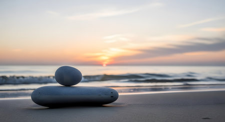 Two smooth grey stones are balanced on top of each other on a sandy beach. In the background, the ocean waves gently roll in, and the sun sets on the horizon, creating a peaceful and serene atmosphere.の素材