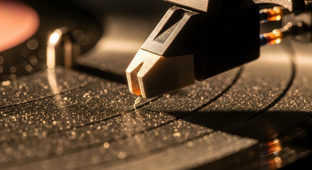 An extreme close-up macro shot of a turntable stylus needle on a dusty black vinyl record. The warm light highlights the dust particles and the grooves of the LP, evoking a sense of nostalgia, analog music, and high-fidelity audio.の素材
