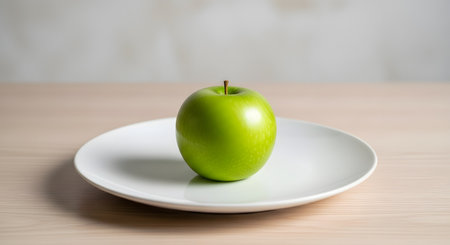 A single, vibrant green Granny Smith apple sits perfectly in the center of a clean white plate. The plate is placed on a light wooden table with a soft, out-of-focus background, representing concepts of health, simplicity, and minimalism.の素材