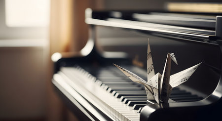 An elegant origami crane, folded from a piece of sheet music, rests on the black and white keys of a glossy grand piano. The image has a soft, artistic feel, blending the concepts of music and paper craft. A window with soft light is blurred in the background.の素材