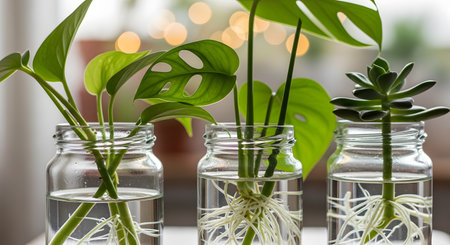 Three glass jars filled with water, used for propagating houseplant cuttings. The jars contain a pothos, a monstera adansonii (swiss cheese plant), and a succulent, all showing healthy, established root systems growing in the water. The background is a soft-focus bokeh of indoor lights.の素材