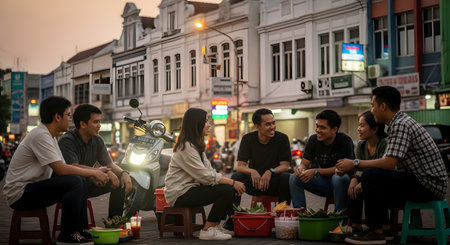 A group of young friends are sitting on small stools on a city sidewalk at dusk, eating and having a lively conversation. They are gathered around food containers in a typical Asian street food setting, with old buildings and a scooter in the background.の素材