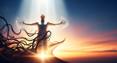 A person stands with arms outstretched on a stairway leading towards a beautiful sunset, looking up into a brilliant beam of light descending from the sky. Swirling energy and sparkling particles surround them, creating a powerful image of spiritual awakening, hope, and enlightenment.の素材