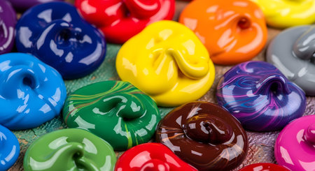 A vibrant macro shot of thick, glossy dollops of paint in a variety of bright colors, including red, blue, yellow, green, and purple. The swirls in the paint are visible, creating a colorful and creative abstract background. This image represents art, creativity, and materials.の素材