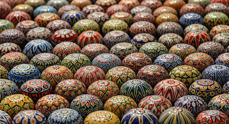 A close-up, high-angle view of a large collection of colorful, hand-painted spheres. Each sphere features intricate and unique geometric or floral patterns, showcasing detailed craftsmanship. The repeating objects create a vibrant and textured background.の素材