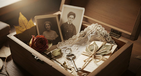 An open wooden box filled with nostalgic and sentimental items from the past. Inside are vintage sepia photographs, a dried red rose, old letters tied with string, lace, and an antique key, all illuminated by a warm, soft light.の素材