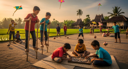 A vibrant scene from a rural Indonesian village at sunset,where children are happily playing traditional games. Some boys are on bamboo stilts (egrang),others are playing congklak on a mat,while kids in the background fly kites and play with spinning tops (gasing) near rice paddies.の素材