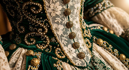 An exquisite close-up of an ornate historical gown, featuring rich green velvet fabric. The dress is heavily adorned with intricate gold embroidery, white lace, pearls, and elaborate antique-style buttons. This image evokes themes of luxury, history, royalty, and opulent fashion.の素材