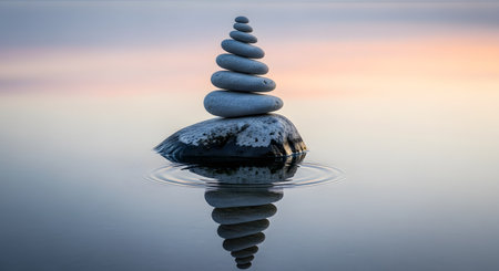 A stack of smooth grey stones is perfectly balanced (a cairn) on a larger rock in perfectly still, calm water. The stone stack and the soft pastel colors of the sunset sky are perfectly reflected in the water. This image symbolizes zen, balance, harmony, tranquility, and mindfulness.の素材