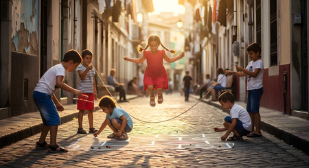 A group of joyful children play traditional games like jump rope and hopscotch on a cobblestone alley during a warm, golden sunset. The heartwarming scene captures the energy, friendship, and innocence of childhood in a nostalgic, timeless European-style setting.の素材