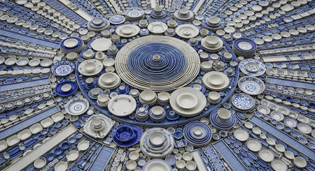 A large, circular art installation or mosaic made entirely from a collection of blue and white ceramic and porcelain dishes. Plates, bowls, and cups are arranged in a radial, concentric pattern, creating a complex and detailed texture. This image represents art, design, pattern, collection, ceramics, and found objects.の素材