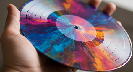 A close-up of a person's hands holding a colorful vinyl record. The record is a special edition with a vibrant, psychedelic splatter pattern of pink, blue, orange, and purple. This image represents music, analog audio, nostalgia, and collecting vinyl.の素材