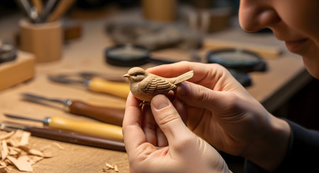 A close-up over-the-shoulder shot of a person's hands carefully holding a small, intricately carved wooden bird. The craftsperson is inspecting their work in a workshop, with wood carving tools like chisels and gouges blurred in the background on a workbench.の素材