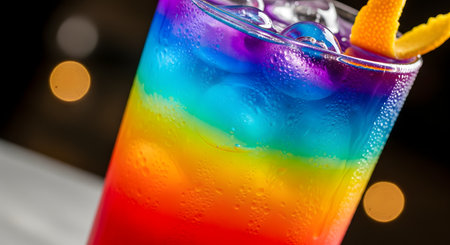 An extreme close-up of a refreshing cocktail with vibrant rainbow layers of red, yellow, green, blue, and purple. The cold glass is covered in condensation and filled with ice cubes, garnished with an orange peel, suggesting a fun party or celebration.の素材