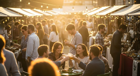 A lively outdoor market or food festival during a warm, golden sunset. Groups of people are socializing, eating, and drinking at tables, while others browse stalls under string lights. The scene is crowded and filled with a happy, communal atmosphere.の素材
