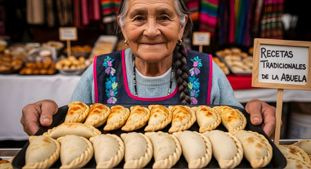 A friendly elderly woman,a grandmotherly figure,proudly presents a large baking tray full of freshly baked empanadas. She is at a street food stall,with a sign in Spanish that reads "Grandma's Traditional Recipes," set against a colorful,cultural backdrop.の素材