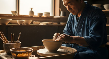 A focused Asian potter,an older man,wearing a traditional blue robe,skillfully shapes a clay bowl on a spinning pottery wheel. His workshop is filled with tools and finished ceramic pieces on shelves in the background,lit by soft window light. The scene captures traditional craftsmanship and artistry.の素材