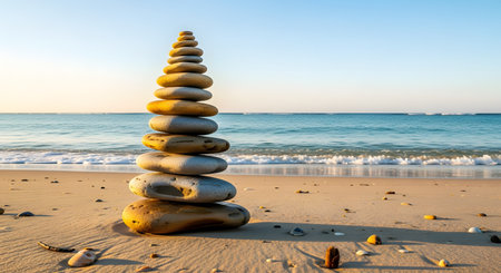 A tall tower of flat stones is perfectly balanced on a sandy beach, with the tranquil ocean and gentle waves in the background during sunset. This serene scene symbolizes balance, patience, harmony, and mindfulness.の素材