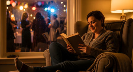 A content woman relaxes in a comfortable armchair, smiling as she reads a book, while the blurred lights and figures of a lively party are visible through the window behind her. This image perfectly illustrates the concept of introversion, finding joy in solitude, and the peaceful choice of a quiet evening at home.の素材