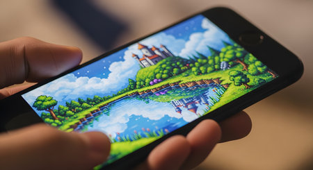 A close-up of a person's hand holding a black smartphone. The screen displays a colorful and nostalgic pixel art video game, showing a fantasy landscape with a castle on a hill reflected in a river. This represents mobile gaming, retro games, and entertainment.の素材
